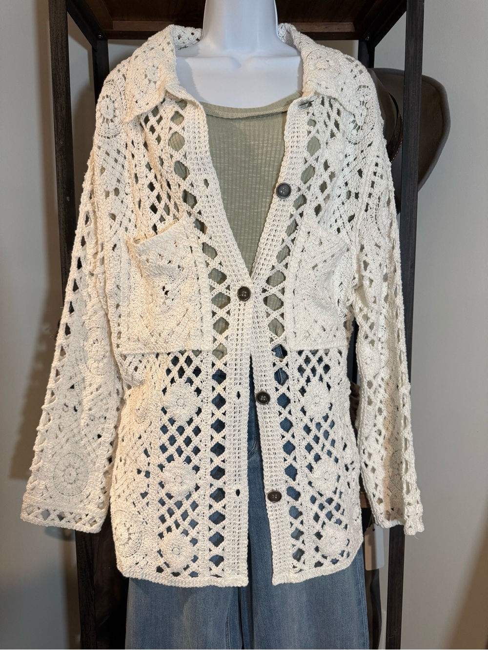 POL Cream Crochet Button-Front Cardigan